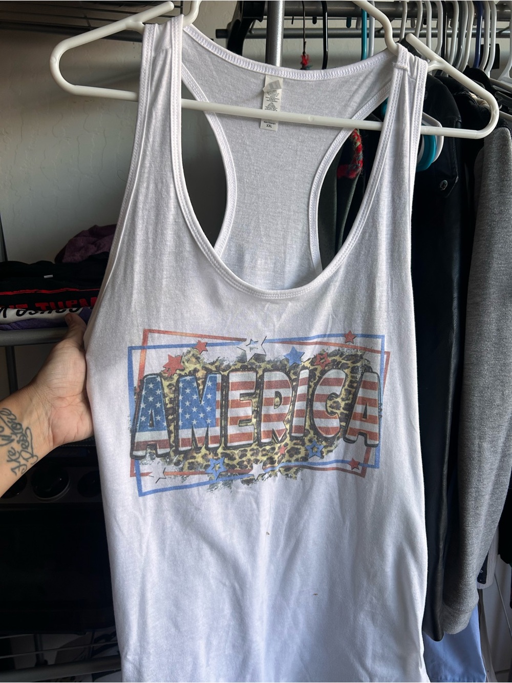 Next Level Apparel White Racerback Tank with 'AMERICA' Flag & Leopard Graphic